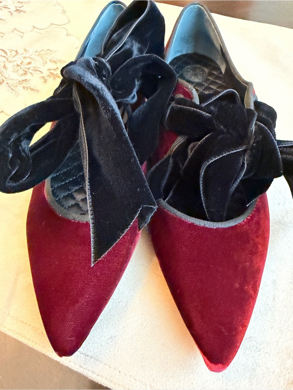 Tory Burch Burgundy Velvet Pointed-Toe Flats with Black Velvet Ribbon
